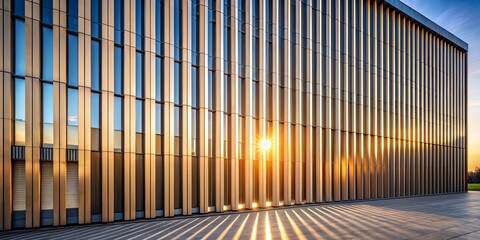 Sunset Illuminates Modern Building Facade with Linear Design and Glass Windows