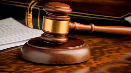Close-up of a gavel on a wooden desk surrounded by legal documents, symbolizing a corporate lawsuit and legal decision-making process.	