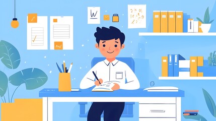 A young professional jotting down goals in a journal on a neatly organized desk