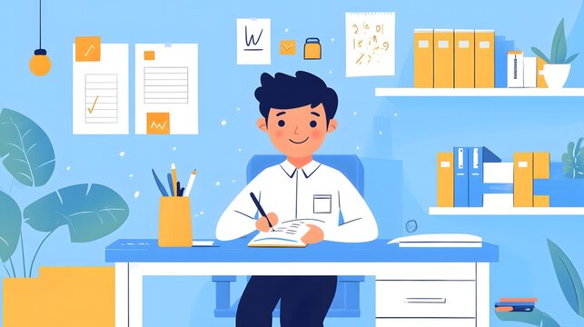 A young professional jotting down goals in a journal on a neatly organized desk