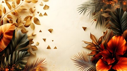 Minimalist boho-style New Year theme featuring geometric golden triangles, elegant palm leaves, and sparkling bokeh lights over a textured off-white backdrop