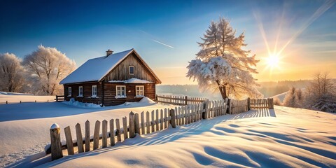 A picturesque winter sunrise illuminates a cozy wooden cabin nestled within a snow-covered landscape, its rustic charm enhanced by a weathered wooden fence