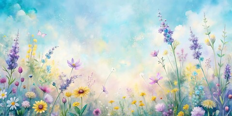 Obraz premium Serene Meadow Landscape Featuring Varied Wildflowers and Butterflies Under a Soft Sky