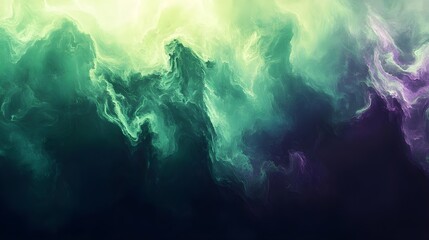 Obraz premium Abstract Cosmic Nebula with Ethereal Green and Purple Swirling Clouds, Dreamlike Fluid Motion, Atmospheric Mist, and Vibrant Shades Creating a Mystical and Celestial Background Design
