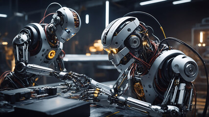 Fototapeta premium 3D-rendered robot in a modern factory, illustrating advanced artificial intelligence and automation concepts.