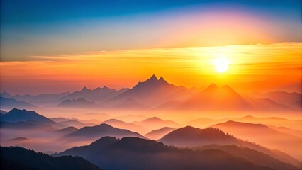 Serene Sunrise Over Misty Mountain Ranges, a Breathtaking View of Nature's Majesty