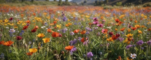 Field of wildflowers swaying gently in the spring breeze, spring, landscape, gentle