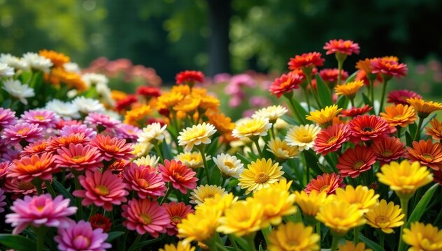 Flores frescas y variadas se colocan en una alfombra en un jard?n, alfombras de flores, coloridos, plantas silvestres