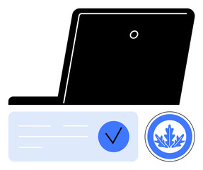 Black laptop beside a blue certification badge and checkmark indicating approval. Ideal for online courses, cyber security, digital certification, training completion, verification, approved content