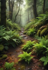 Obraz premium Forest floor with ferns and moss covering the ground, mossy forest floor, overgrown forest flooring, dense forest ground cover