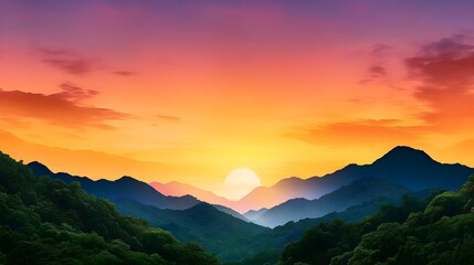 Obraz premium Serene Sunrise Over Rolling Mountains with Vibrant Orange, Pink, and Purple Skies and Lush Green Forest Silhouettes Creating a Peaceful and Majestic Natural Landscape Scene