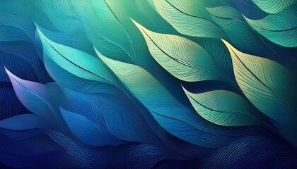 Serene Aquatic Leaves: An abstract illustration of flowing, teal and blue leaves creates a calming, underwater-like atmosphere. Perfect for designs seeking tranquility and natural beauty. 