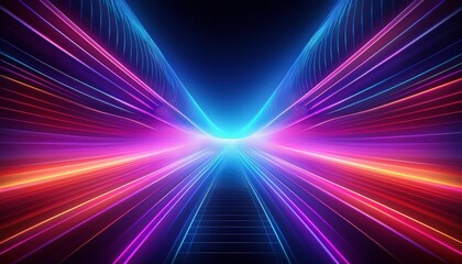 Obraz premium Neon Speed Lines: A vibrant symphony of neon lines, converging in a dynamic, abstract pattern, evokes a sense of energy, speed, and movement. The lines, rendered in a gradient of blue, pink.