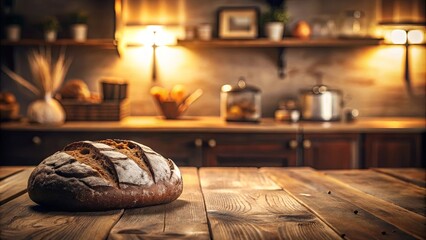 Obraz premium Rustic kitchen scene featuring a freshly baked loaf of bread on a wooden table