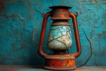 Vintage Oil Lantern with Rusty Patina on Textured Blue Background, Evoking Nostalgia and Charm in a Rustic Setting for Home Decor and Photography