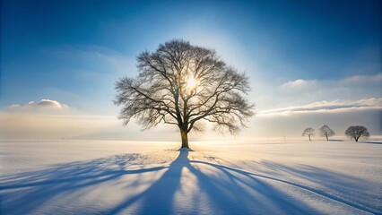 Winter Solstice Serenity A Lone Tree Silhouetted Against the Bright Sun in a Snowy Landscape