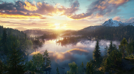 Breathtaking sunrise over tranquil lake nature scene mist rising golden rays serene environment