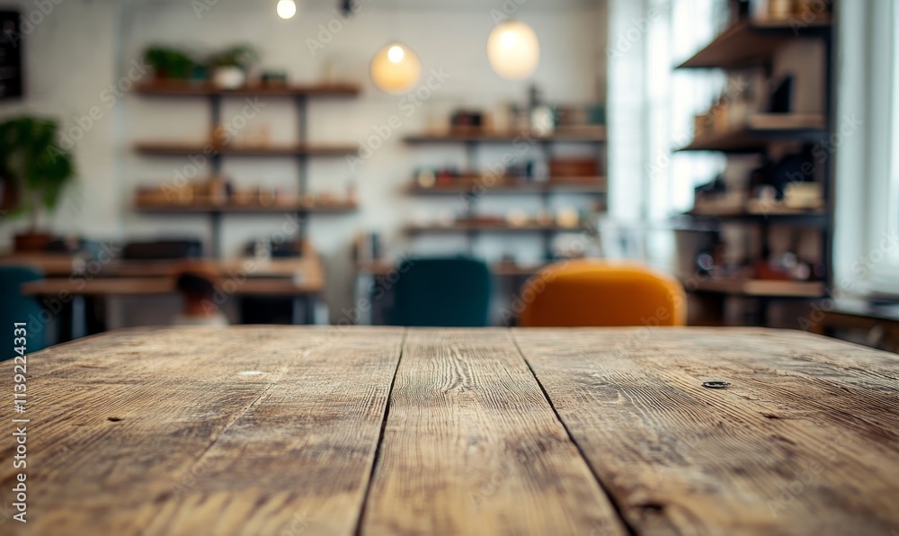 Poster rustic wooden table in a blurred cafe background.