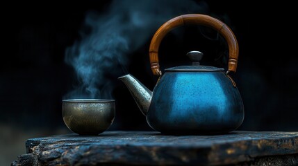 A blue kettle and steaming cup sit on a wooden surface, creating a cozy atmosphere against a dark background.