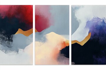 Abstract Gold Accents Triptych Painting Red Blue Purple