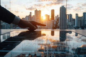 Professional hands analyzing business charts against abstract cityscape during meeting at sunset