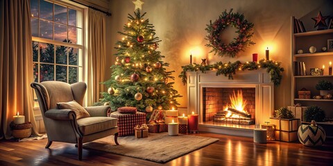 Cozy Christmas Eve Fireplace Scene with Decorated Tree and Gifts