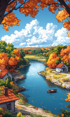 Obraz premium view of the lake and mountains, autumn, yellow trees, 90s illustration, cartoon style 