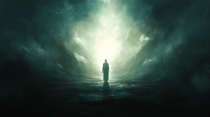Fototapeta premium Ethereal Figure Standing in a Mystical Fog, Surrounded by Emotive Clouds of Light and Darkness, Signifying Journey and Self-Discovery in a Dramatic Setting