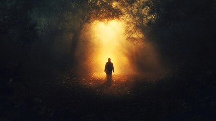 Fototapeta premium A Mysterious Figure Walking Towards a Golden Glow in a Dark Forest Surrounded by Mist, Embracing the Enigmatic Beauty of Nature at Dawn or Dusk