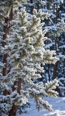 Iridescent strands woven around snow-white fir branches, twinkling, Christmas lights, festive