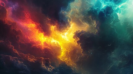 Dramatic and Colorful Cosmic Sky with Fiery Hues and Billowing Clouds in an Evocative and Captivating Visual Representation of Nature's Energetic Forces