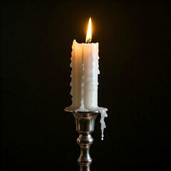 A white candle lit in a silver candle holder with melted wax on a black background, creating a warm and dim atmosphere.