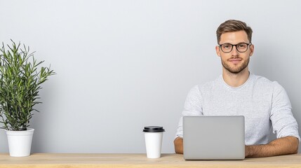 Young Man Working on Laptop at Desk | Minimalism