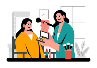 Makeup Artist Vector Illustration featuring a Professional Makeover Session with Clients Undergoing Beauty Procedures in a Flat Style Background