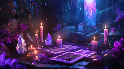 Mystical tarot reading setup with candles, crystals, and purple hues in enchanting dusk atmosphere, tarot, candles, crystals. Arcane. Illustration