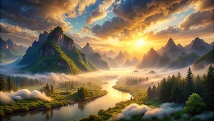 Fototapeta premium Serene River Valley at Sunrise, Mist-Shrouded Peaks and Golden Light