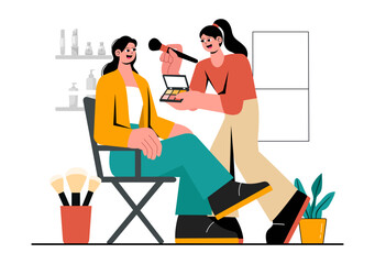 Makeup Artist Vector Illustration featuring a Professional Makeover Session with Clients Undergoing Beauty Procedures in a Flat Style Background