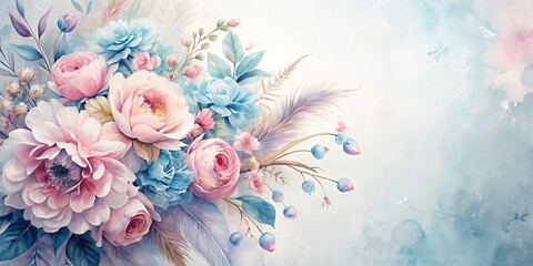 A Delicate Arrangement of Pastel Roses, Dahlias, and Blue Flowers with Soft Feathers