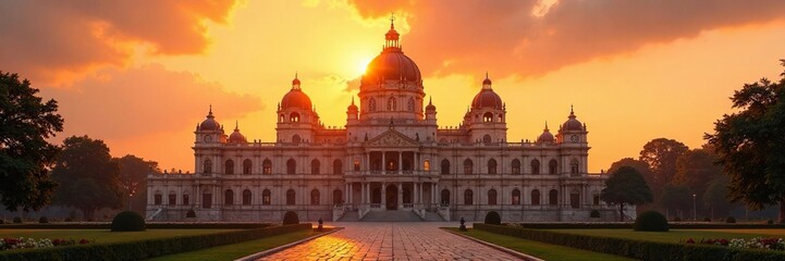 Obraz premium Palace facade bathed in warm golden light of sunset, sky, warm