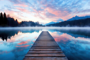 Dawn serenity wooden dock at lake eibsee misty waters colorful skies nature landscape tranquil viewpoint