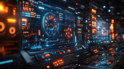 Fototapeta premium Futuristic spaceship control panel with glowing orange and blue interfaces.