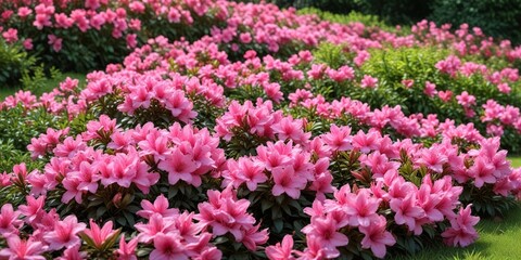 Fototapeta premium Pink azalea flowers in a garden bed with green grass , garden bed, botany, azalea