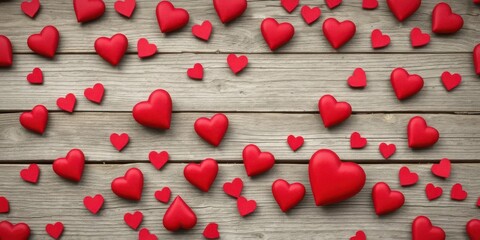 Red hearts scattered on rustic wooden Valentine's Day background, romantic,wooden background,romance