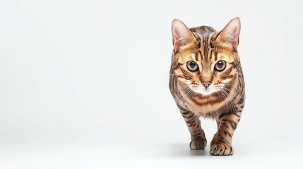Obraz premium A close-up of a Bengal cat walking toward the camera, showcasing its striking coat patterns and expressive eyes against a minimalist background.