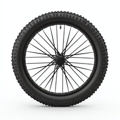 A black bicycle tire with thick treads, designed for durability and traction, displayed against a white background.
