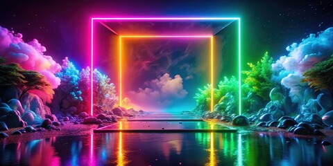 Obraz premium Surreal Glowing Neon Colorful Rectangle Frame in Abstract Background - Perfect Vector Clip Art for Modern Design Projects