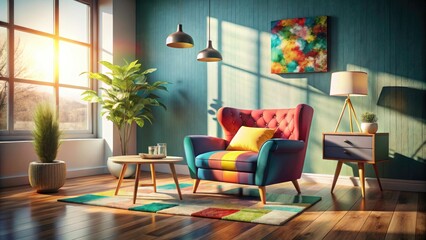 Surreal Mid-Century Living Room with Colorful Armchair and Empty Wall, Vibrant Interior Design, Unique Furniture Arrangement, Artistic Home Decor, Dreamlike Atmosphere
