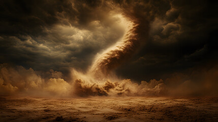 dramatic close up of tornado spiraling through dark clouds, creating powerful and intense atmosphere