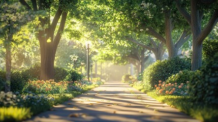 Obraz premium Sunlit Pathway Through Lush Garden