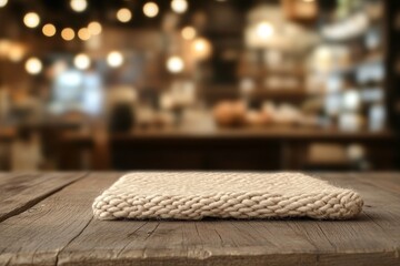 Knitted fabric on rustic wooden table in blurred cafe background.